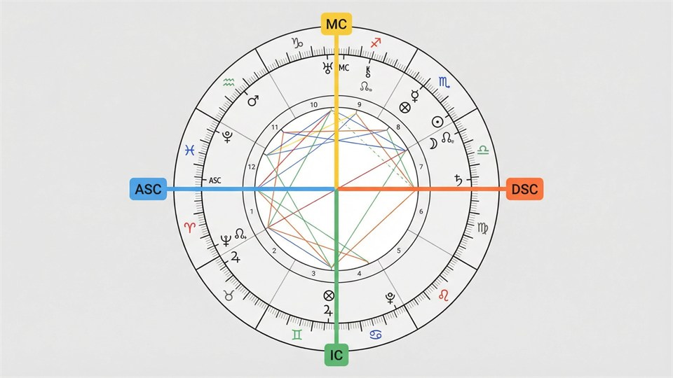 Astrologisches Rad mit hervorgehobenen 4 Ecken