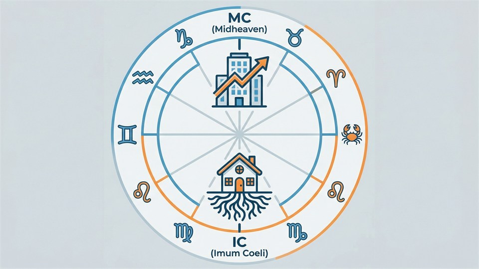 MC und IC markiert in einem astrologischen Rad, symbolisieren Karriere und Wurzeln