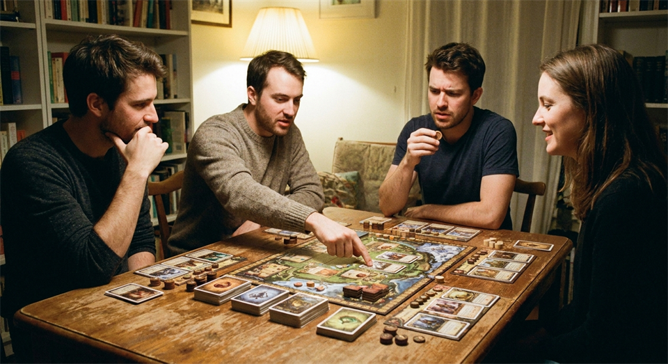 Spieler diskutieren Karten und Entscheidungen während eines Brettspiels