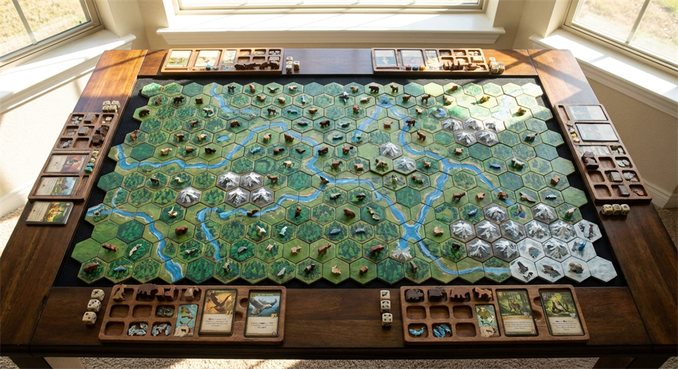 Finished game of Cascadia with several players' nature areas on the table