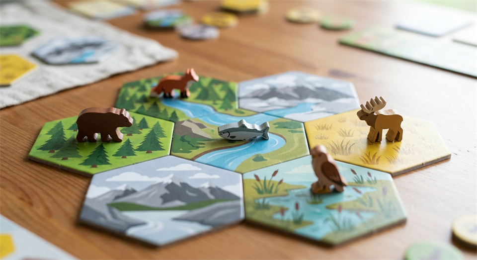 Close-up of habitat tiles and wildlife tokens from Cascadia