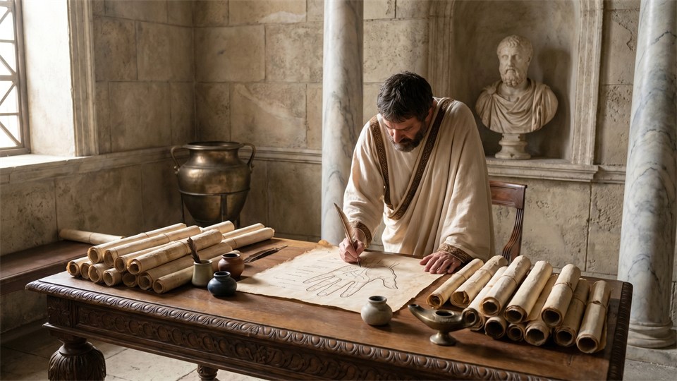 Klassische Gelehrtenszene mit Handstudien und alten Aufzeichnungen