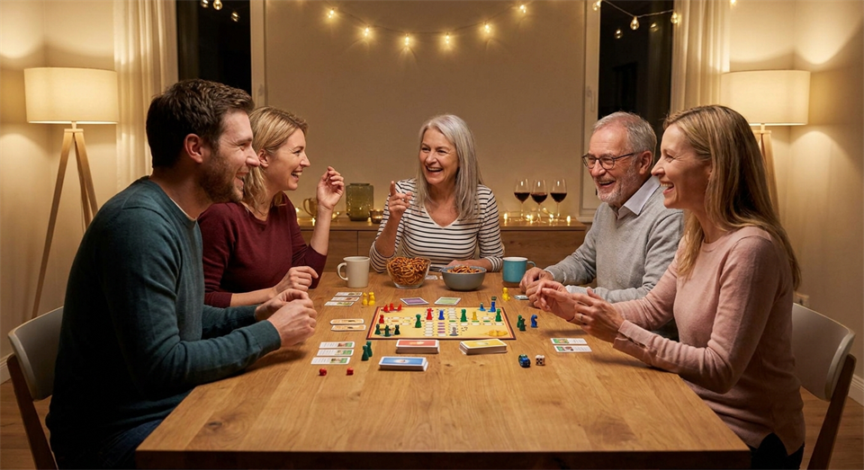 Freundliche Gruppe spielt Brettspiele in entspannter Atmosphäre