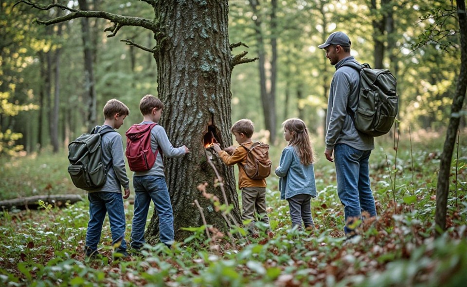 Family finds a geocache in a tree