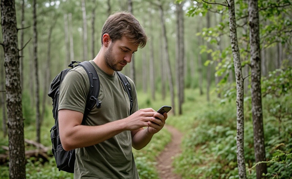 Person searching for a geocache in the forest with a GPS in hand