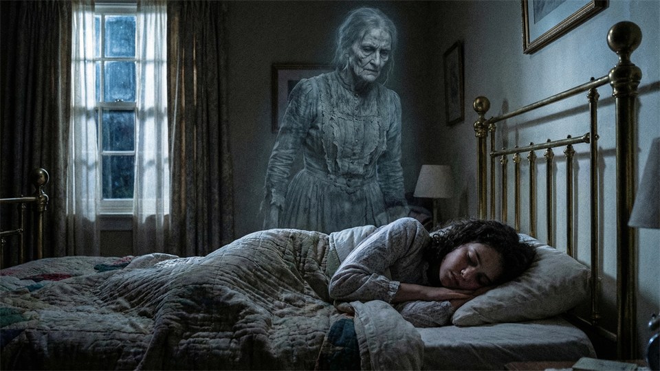 A shadowy ghostly figure stands behind a sleeping woman