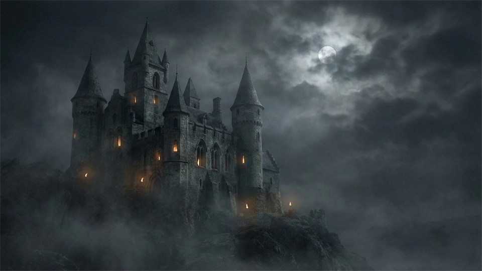 An old castle lit up at night with fog and shadows