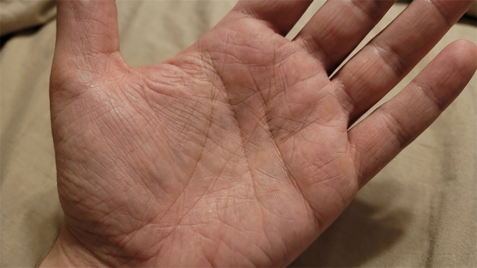 Nærbillede af håndflade med fokus på hjertelinje hovedlinje og livslinje