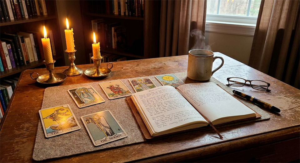 Notes, cartes de tarot et bougies lors de l’étude des Arcanes majeurs