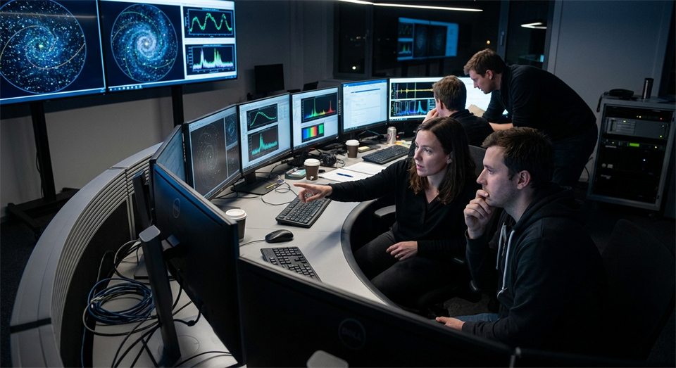 Team analyserer nattehimmeldata på computere i et kontrolrum