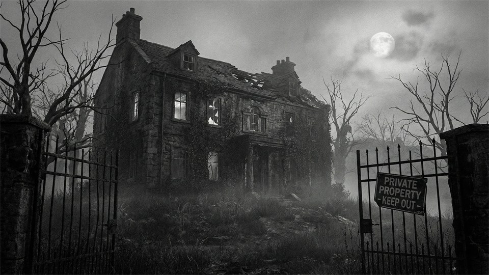 An abandoned manor surrounded by fog, looking haunted