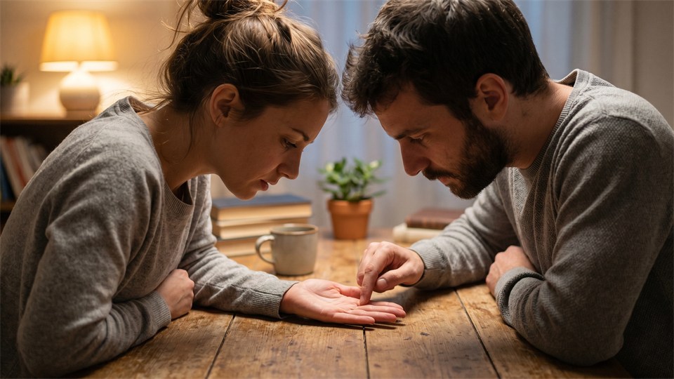 To personer studerer en håndflade sammen ved et bord i blødt lys