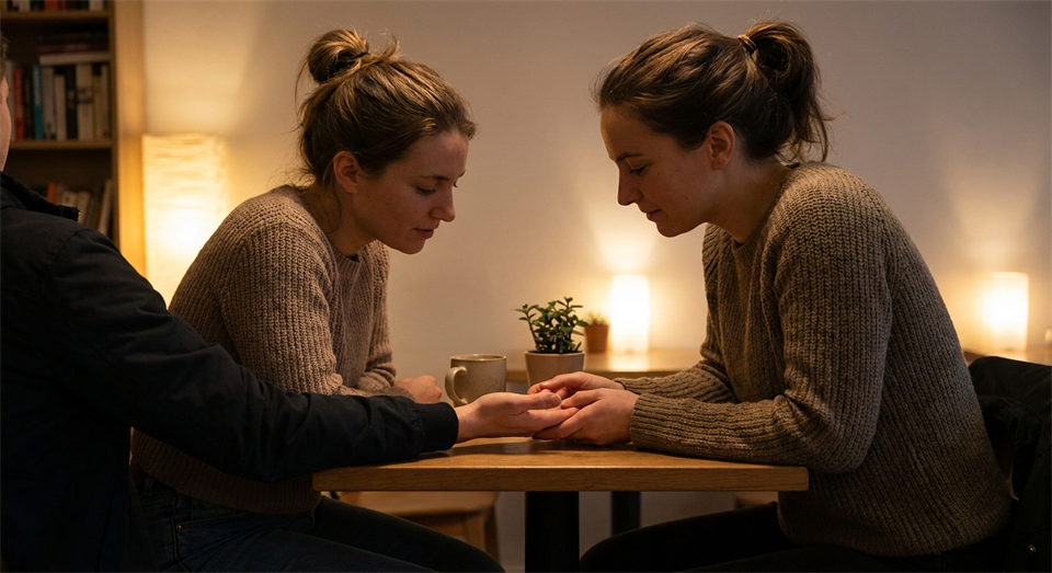 Zwei Personen sitzen am Tisch und betrachten beim Handlesen eine Hand