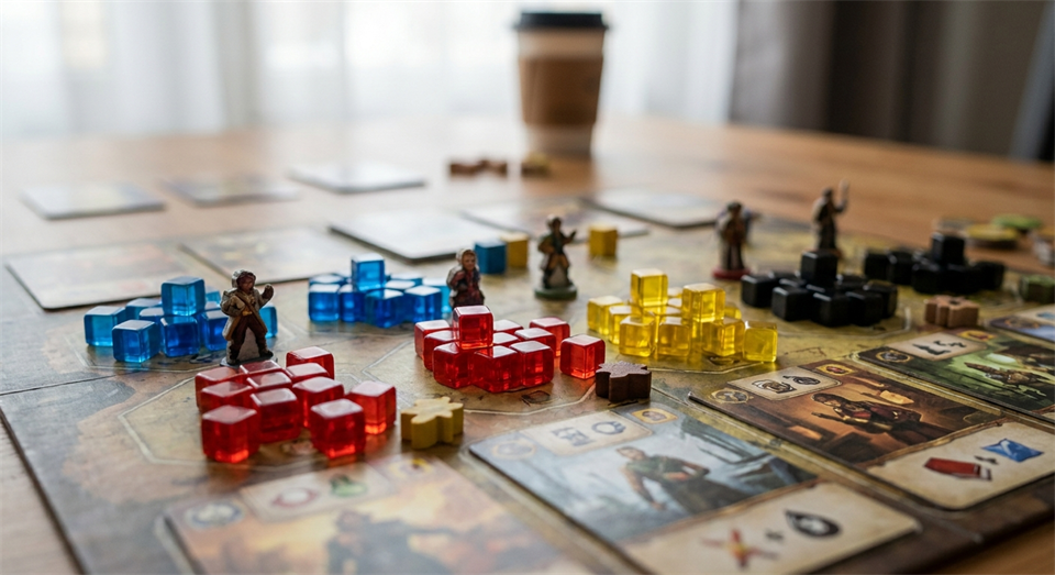 Nahaufnahme von farbigen Krankheitswürfeln und Karten in Pandemic