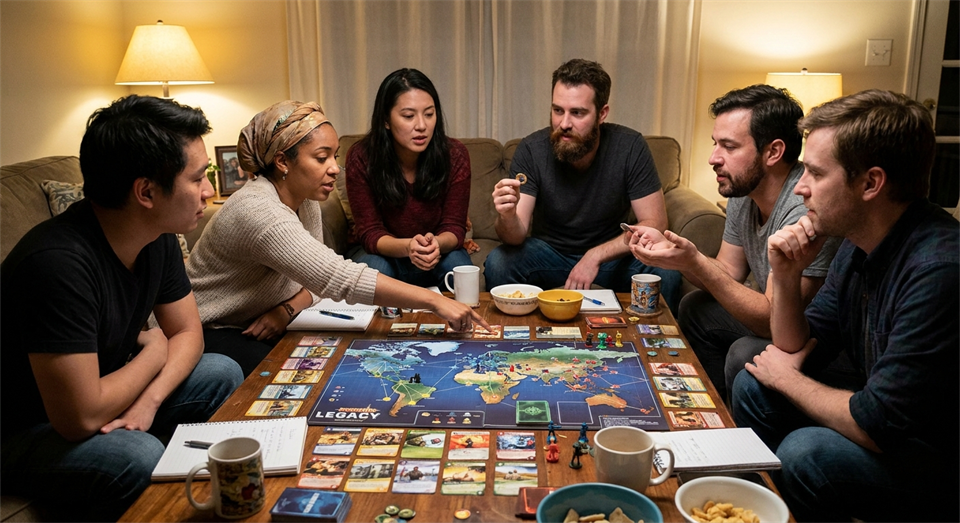 Spieler an einem Tisch diskutieren Rollen und Strategie in Pandemic
