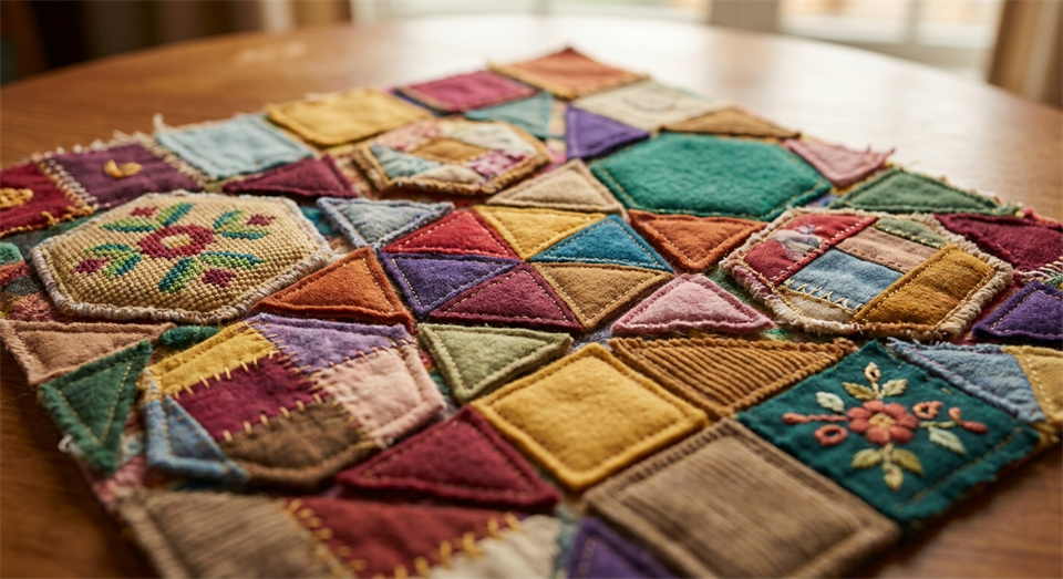 Nahaufnahme von Patchwork-Stoffplättchen in verschiedenen Formen und Farben