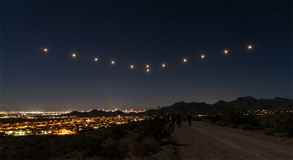 Lichterformation am Nachthimmel über Wüstenlandschaft und Stadtlichtern
