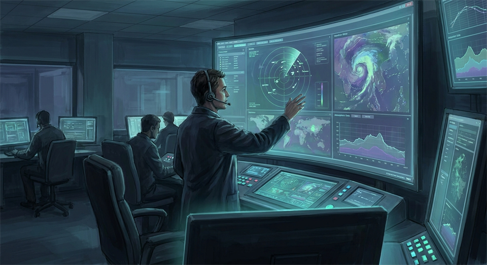 Skærm med radarspor og analyse af himmeldata