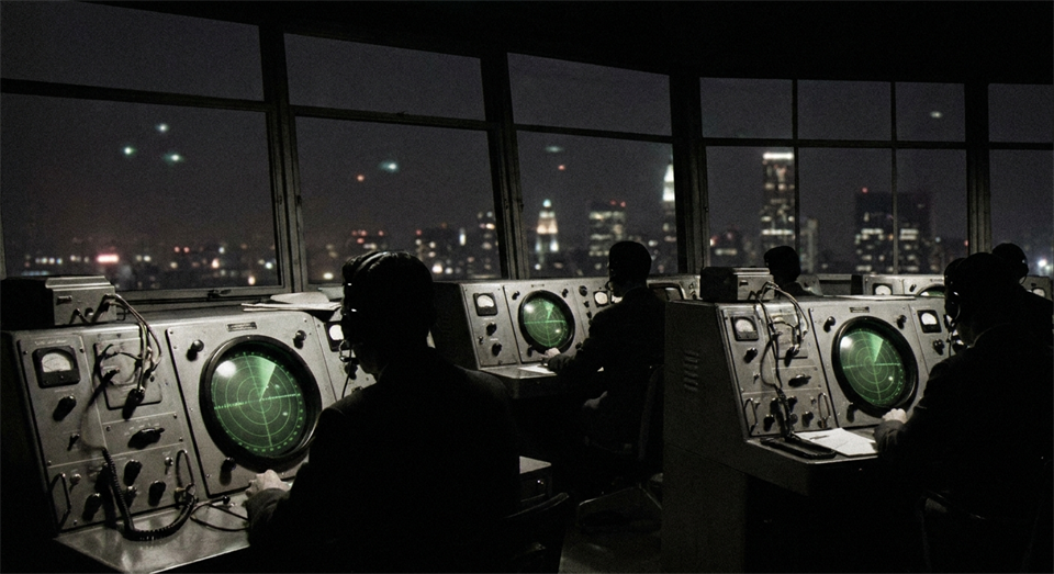 Kontrollraum mit Radarschirmen und nächtlichem Himmel über Großstadt