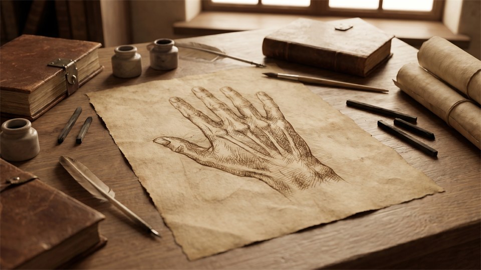 Von der Renaissance inspiriertes Diagramm einer Hand mit Linien und Markierungen