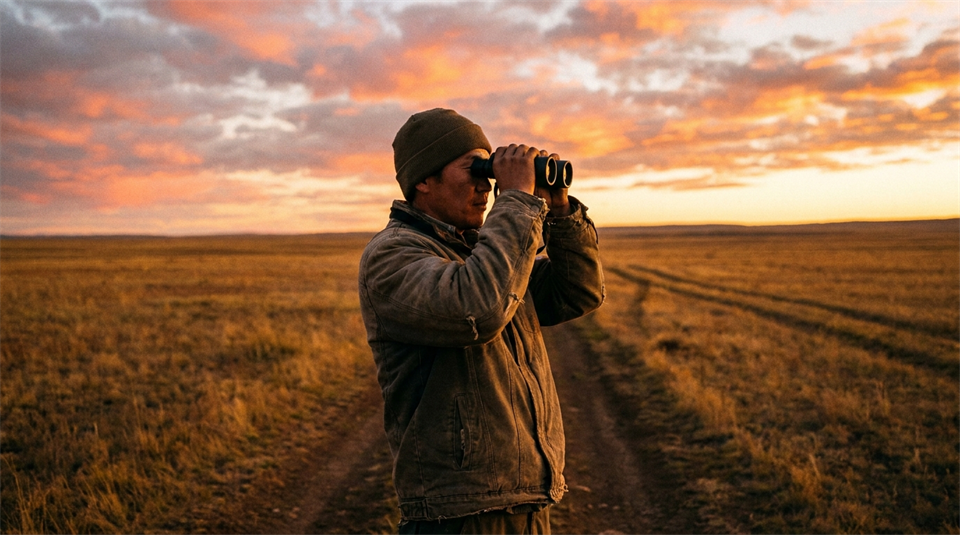 Person observing the sky with binoculars at sunset