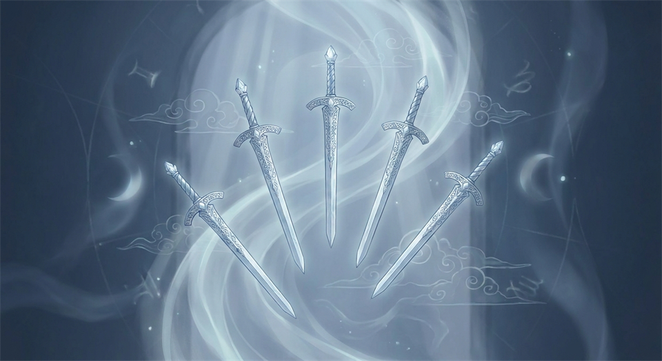 Motivo simbólico de tarot con espadas y luz etérea
