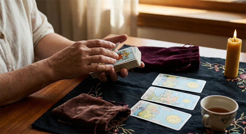 Hands shuffling tarot cards over a calm table with space for a spread