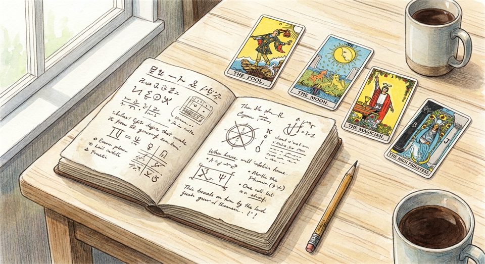 Notebook with tarot notes next to cards on a bright table