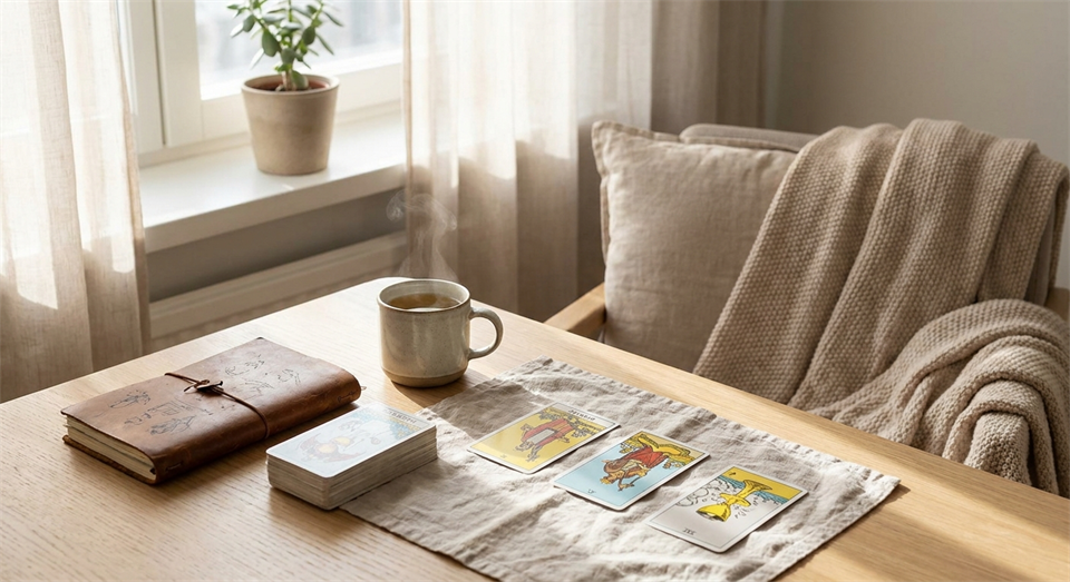Modern tarot use in a calm everyday setting with tea and notebook