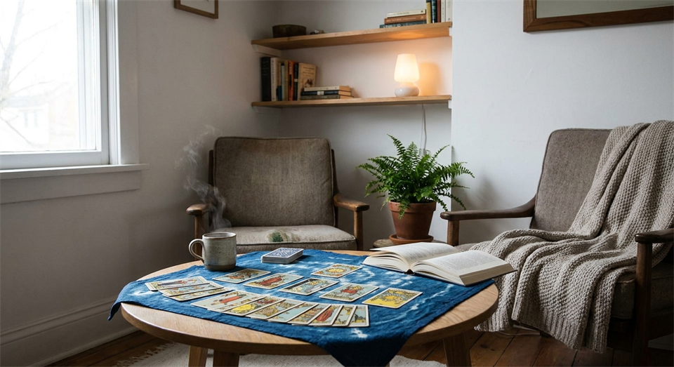 Calm reading corner with tarot cards, tablecloth, and soft natural light