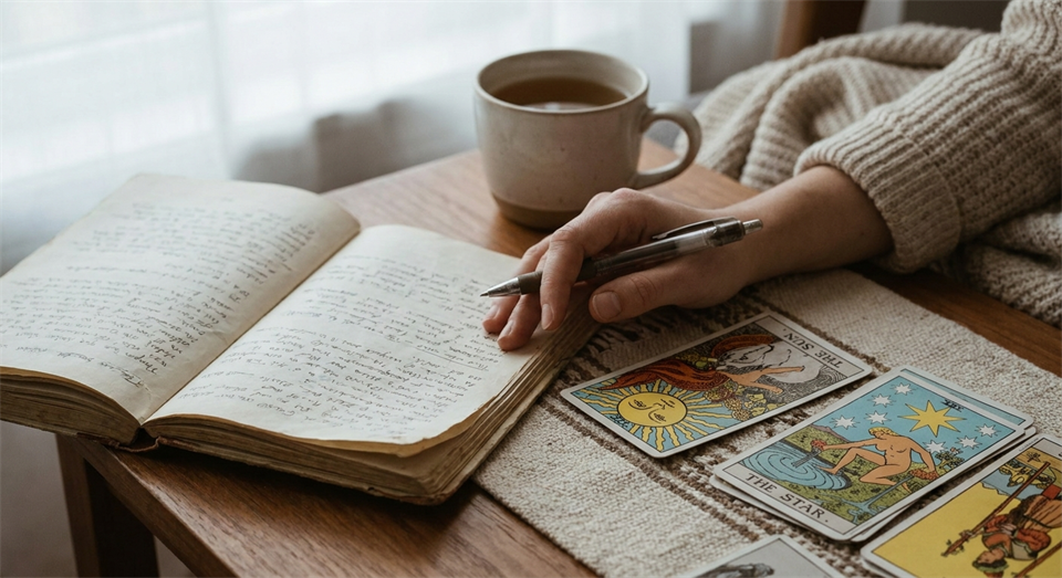 Person writing in a journal beside tarot cards