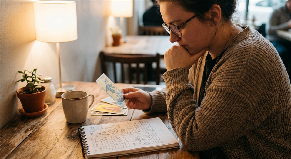 Débutant étudiant une carte de tarot et prenant des notes à une table