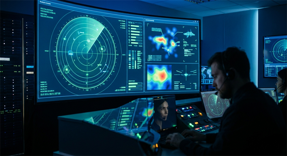Screen with radar tracks and analysis of sky phenomena
