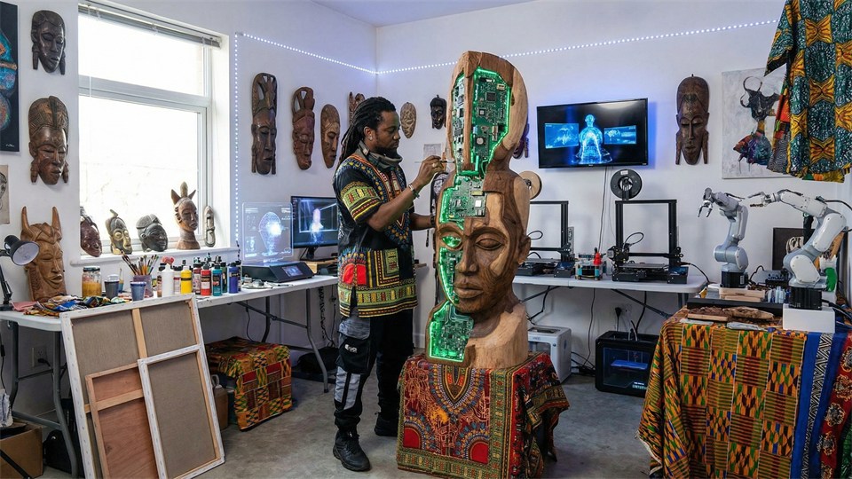 Afrofuturistisk kunstner i atelier