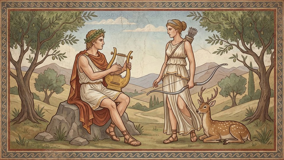 Apollon spielt die Leier neben Artemis mit Bogen und Hirsch