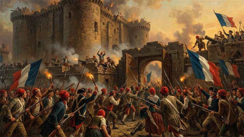 Stormen på Bastillen, en folkemængde indtager fængslet i Paris