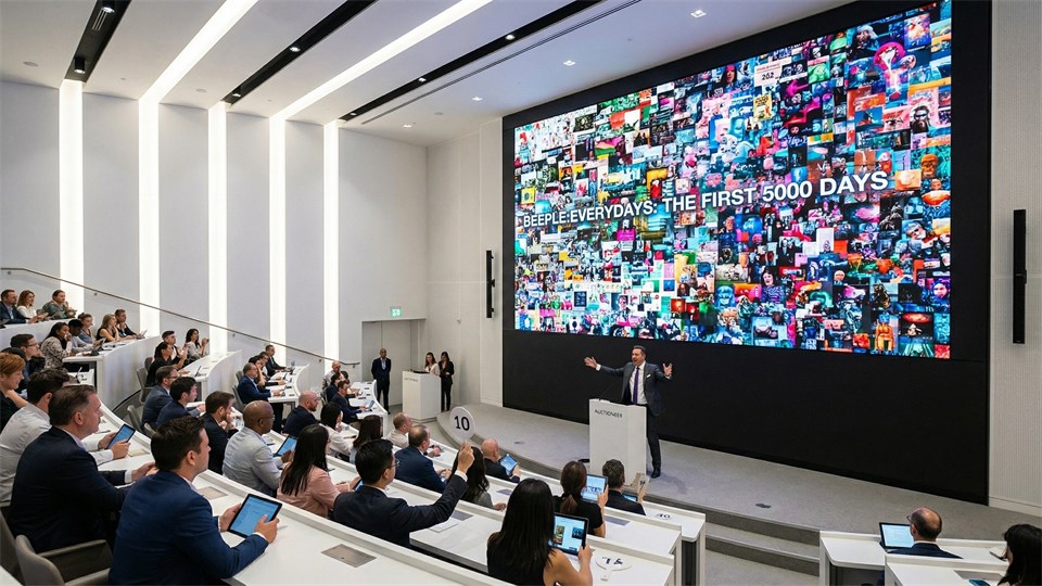 Auktion af Beeple NFT-værk på digital skærm