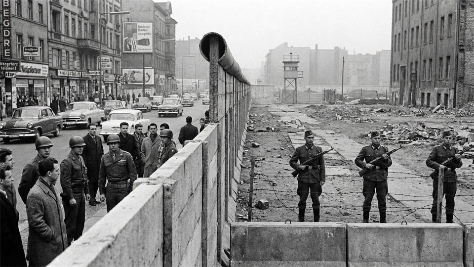 The Berlin Wall in 1961, guarded by soldiers