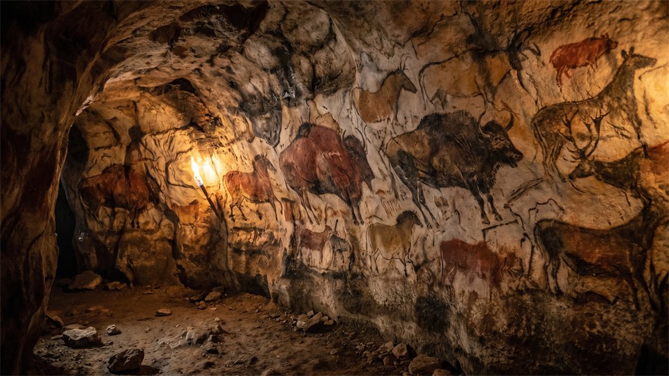 Cave paintings with bison and earth pigments