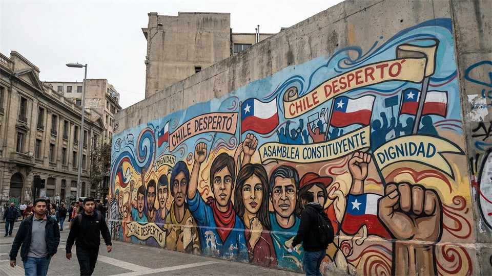 Chilensk protestmural med politiske symboler og stærke farver