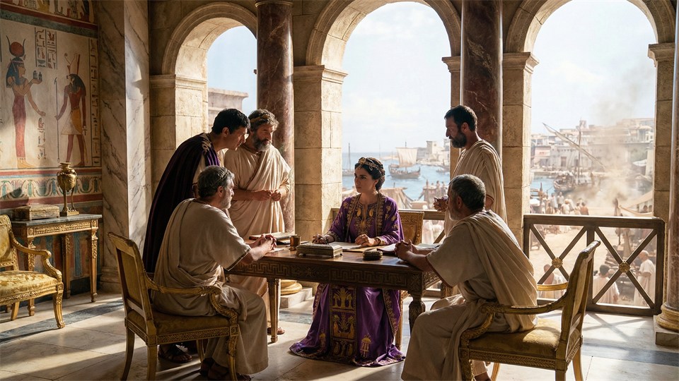 Cleopatra en su palacio en Alejandría