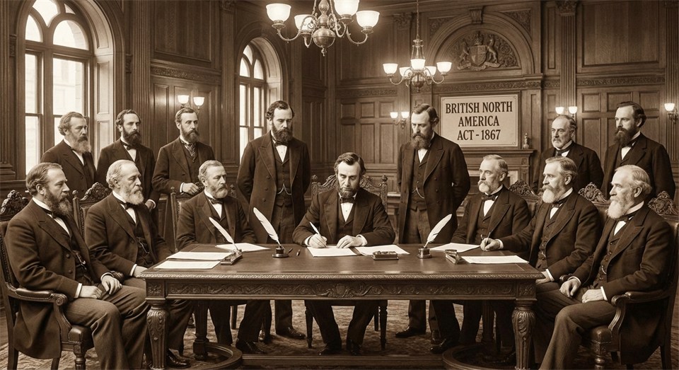 Die Gründung Kanadas 1867, Politiker unterzeichnen Dokumente