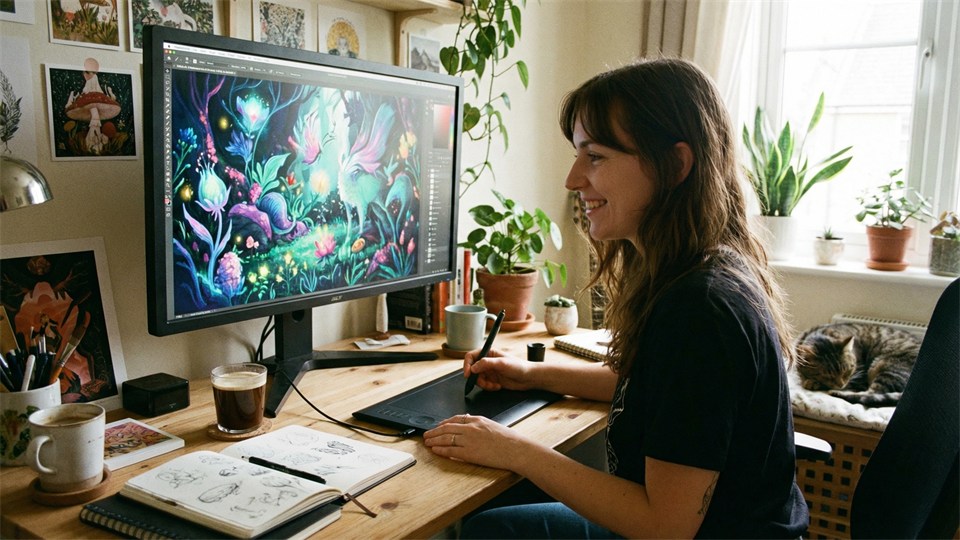 Digital kunstner arbejder ved computer med grafik på skærmen