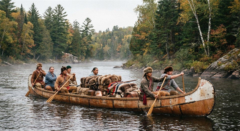 Händler und Indigene in einem Kanu mit Pelzhandelswaren