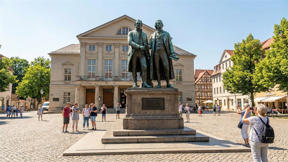 Statue of Goethe and Schiller in front of the theater in Weimar