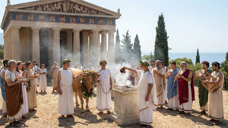 Griechen opfern den Göttern an einem Tempel während eines Festes