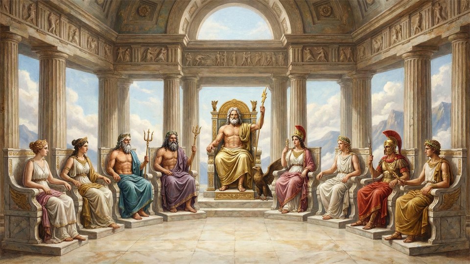 Die olympischen Götter versammelt auf Thronen um Zeus