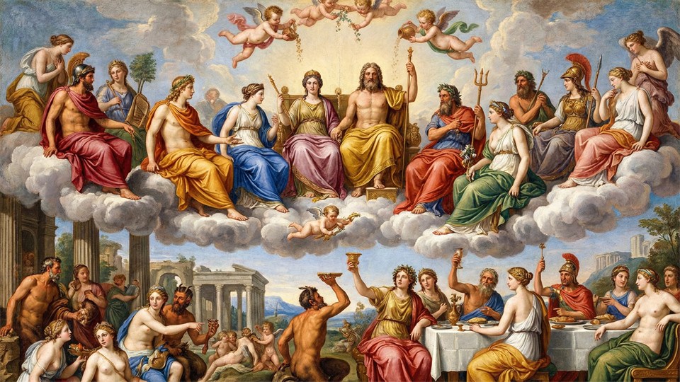 Renaissance-Gemälde der griechischen Götter in einem farbenfrohen Tableau