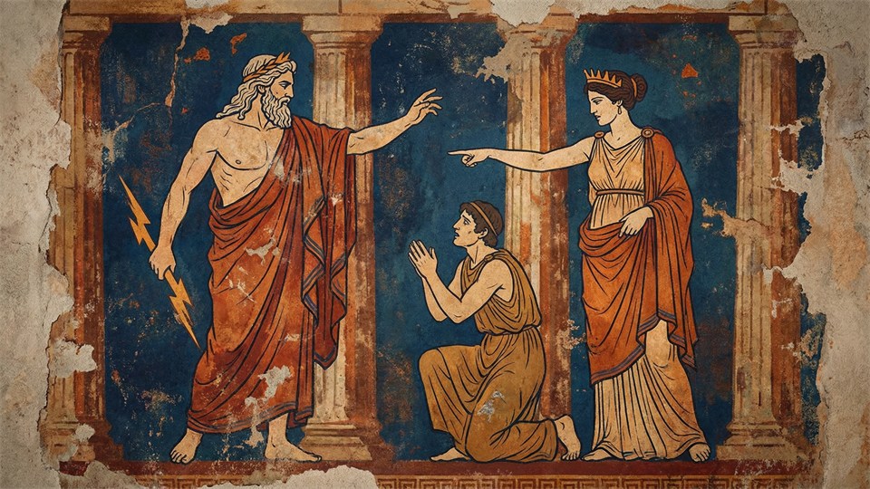 Dramatische Szene mit Zeus, Hera und einem Menschen