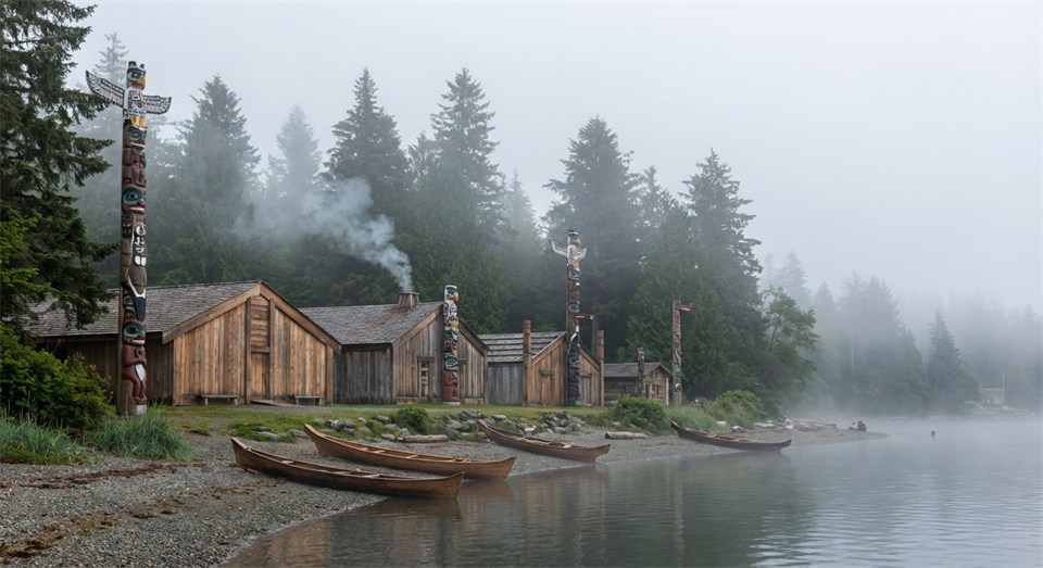 Indigenes Dorf in Kanada mit Langhäusern und Natur